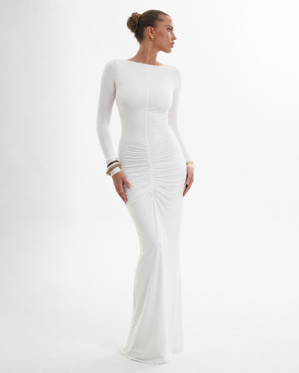 Pleated Open-Back Long-Sleeve Maxi Dress