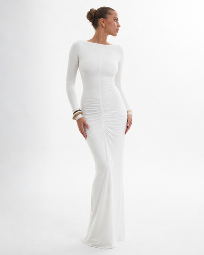 Pleated Open-Back Long-Sleeve Maxi Dress