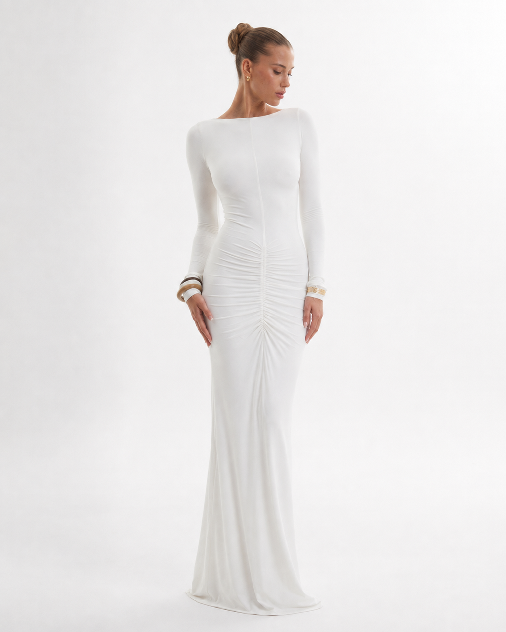 Pleated Open-Back Long-Sleeve Maxi Dress