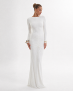 Pleated Open-Back Long-Sleeve Maxi Dress