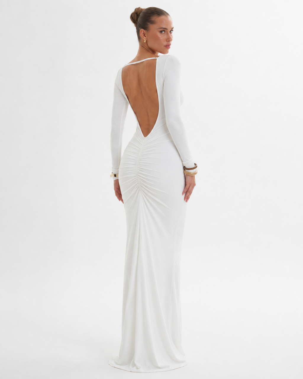 Pleated Open-Back Long-Sleeve Maxi Dress