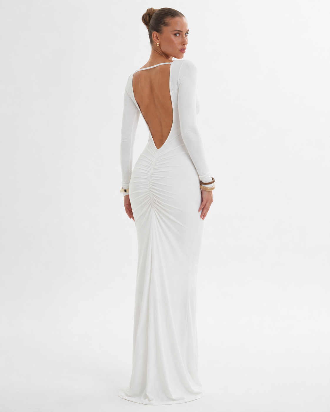 Pleated Open-Back Long-Sleeve Maxi Dress