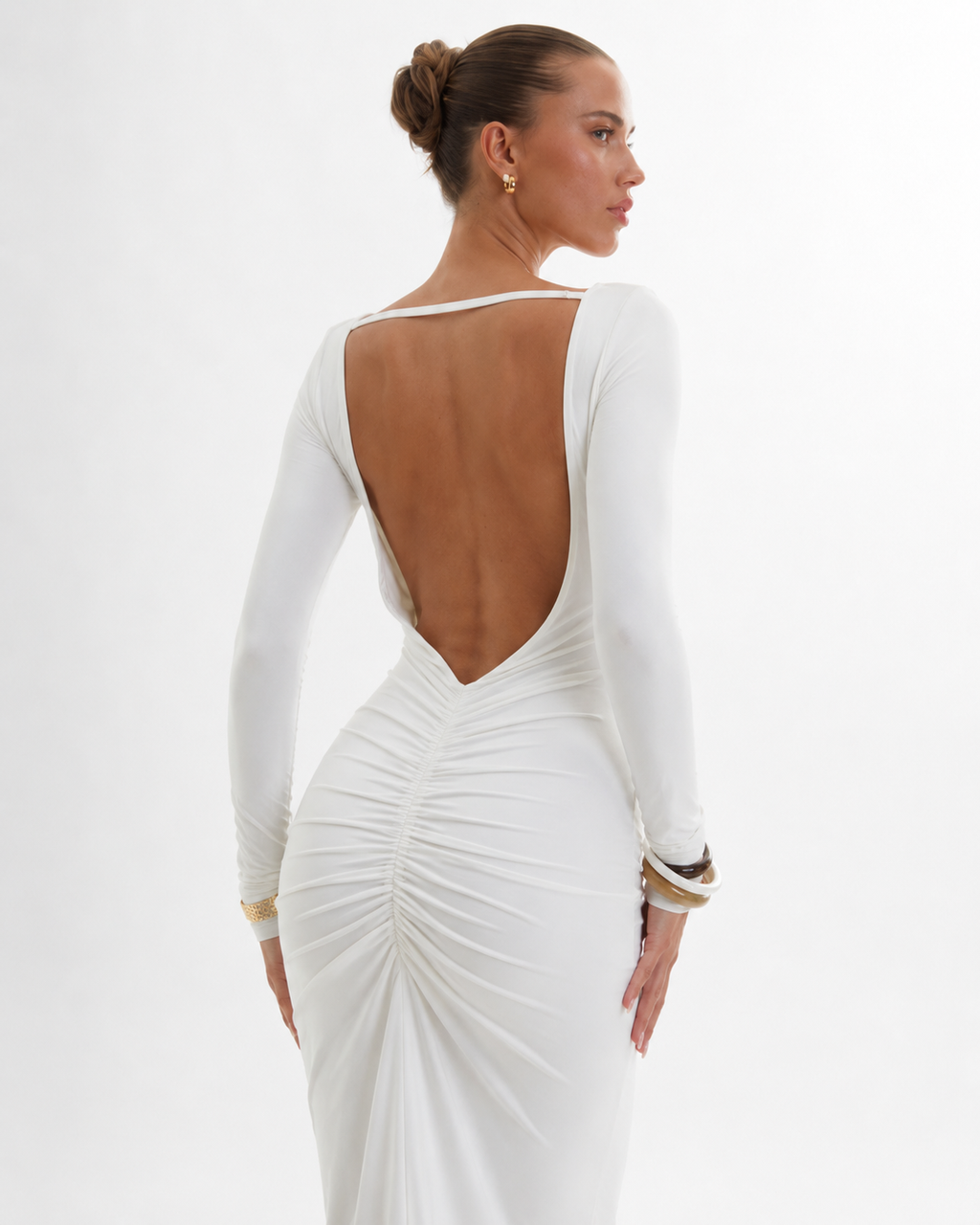 Pleated Open-Back Long-Sleeve Maxi Dress
