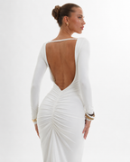 Pleated Open-Back Long-Sleeve Maxi Dress
