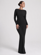Pleated Open-Back Long-Sleeve Maxi Dress