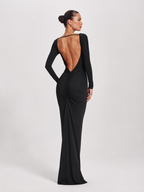 Pleated Open-Back Long-Sleeve Maxi Dress