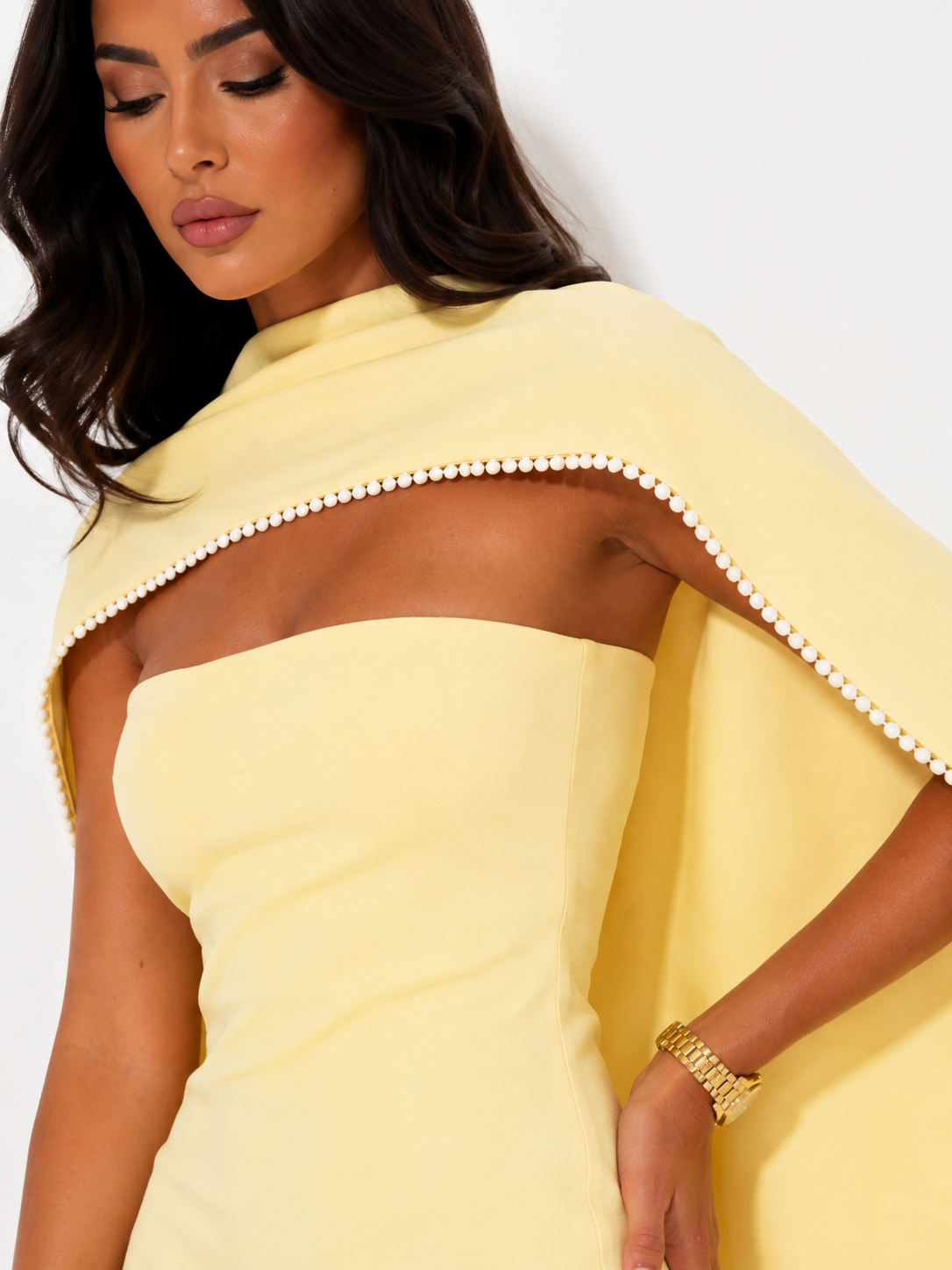 Pearl-Embellished Strapless Mini Dress
