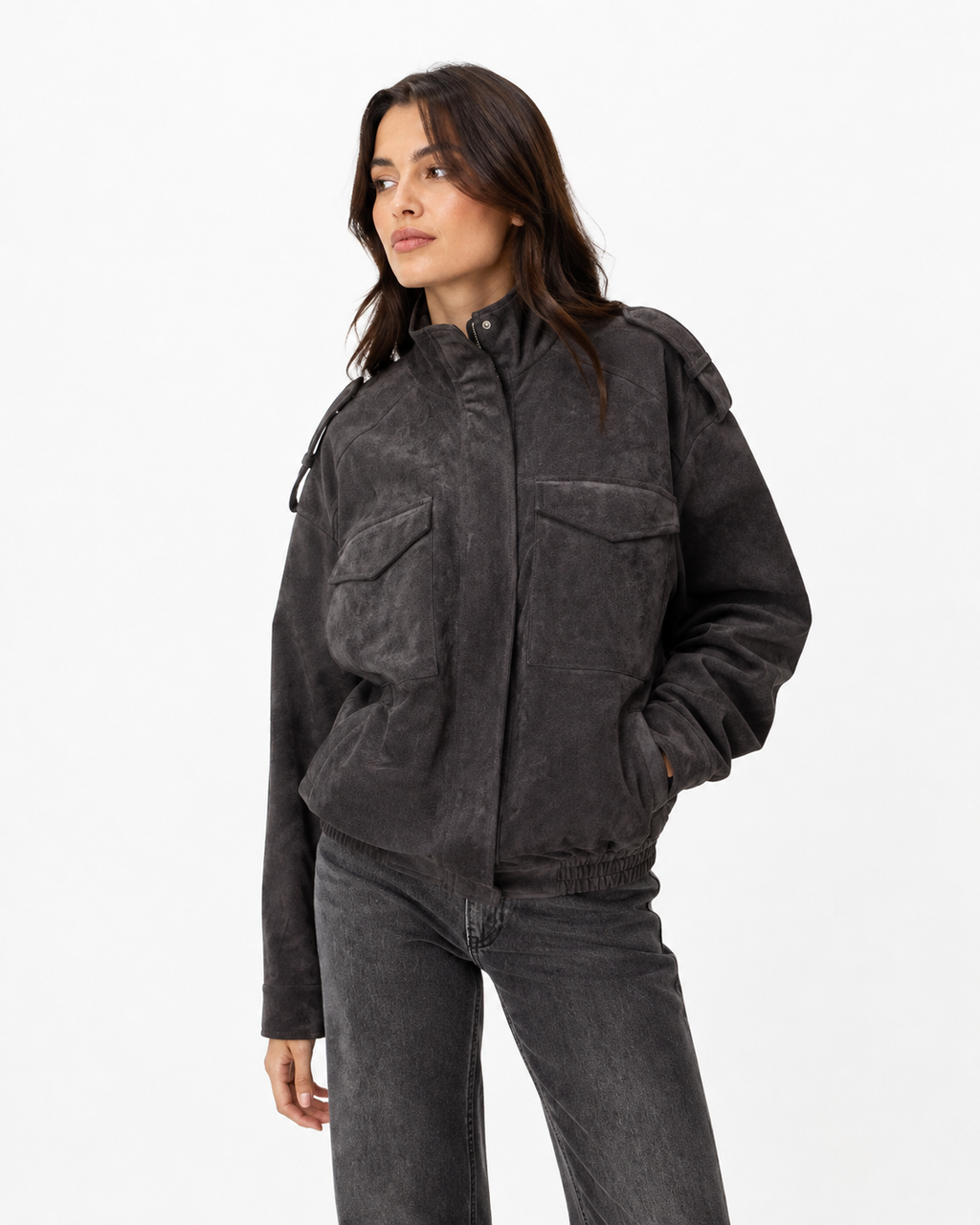 Suede-Effect Oversized Bomber Jacket