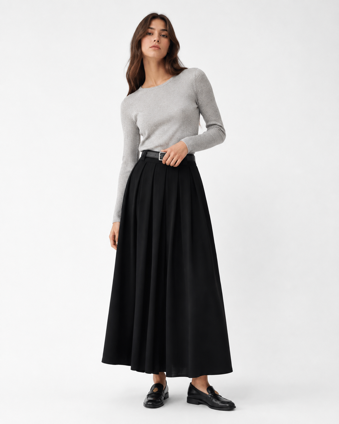 Pleated A-Line Midi Skirt