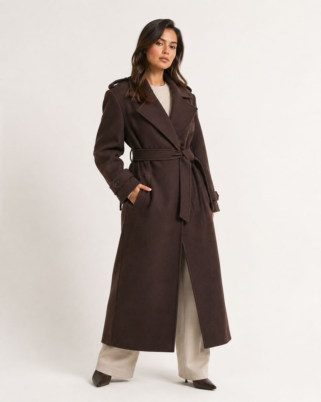 Wide-Lapel Belted Longline Coat