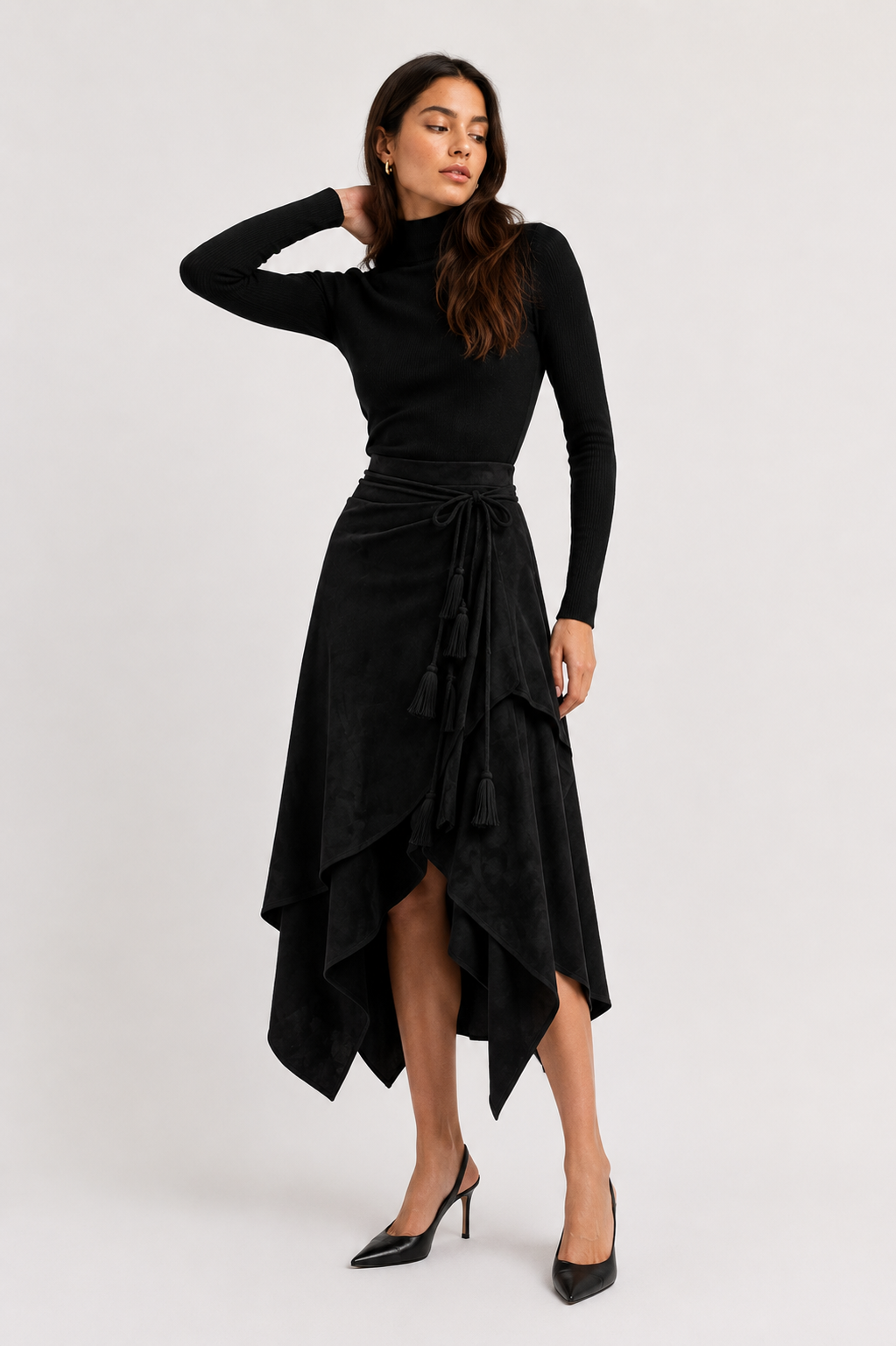 Lace-Up Suede-Effect A-Line Midi Skirt