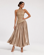 Lace-Crochet Pleated Maxi Dress