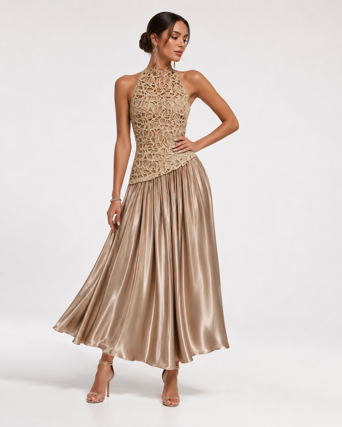 Lace-Crochet Pleated Maxi Dress