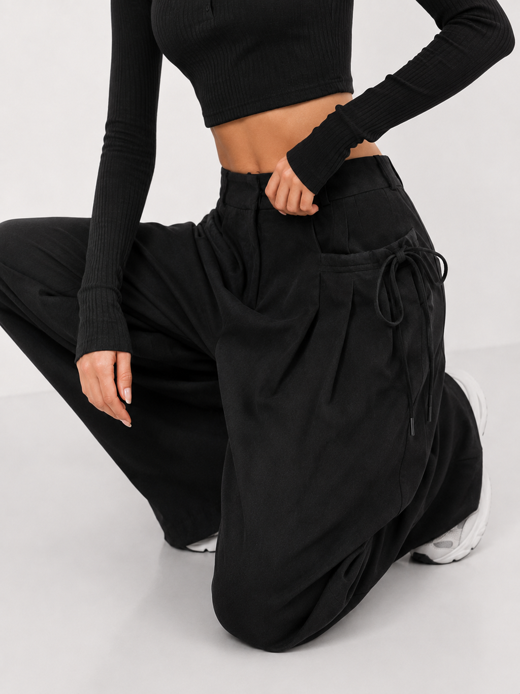 Gathered High-Waist Wide-Leg Trousers