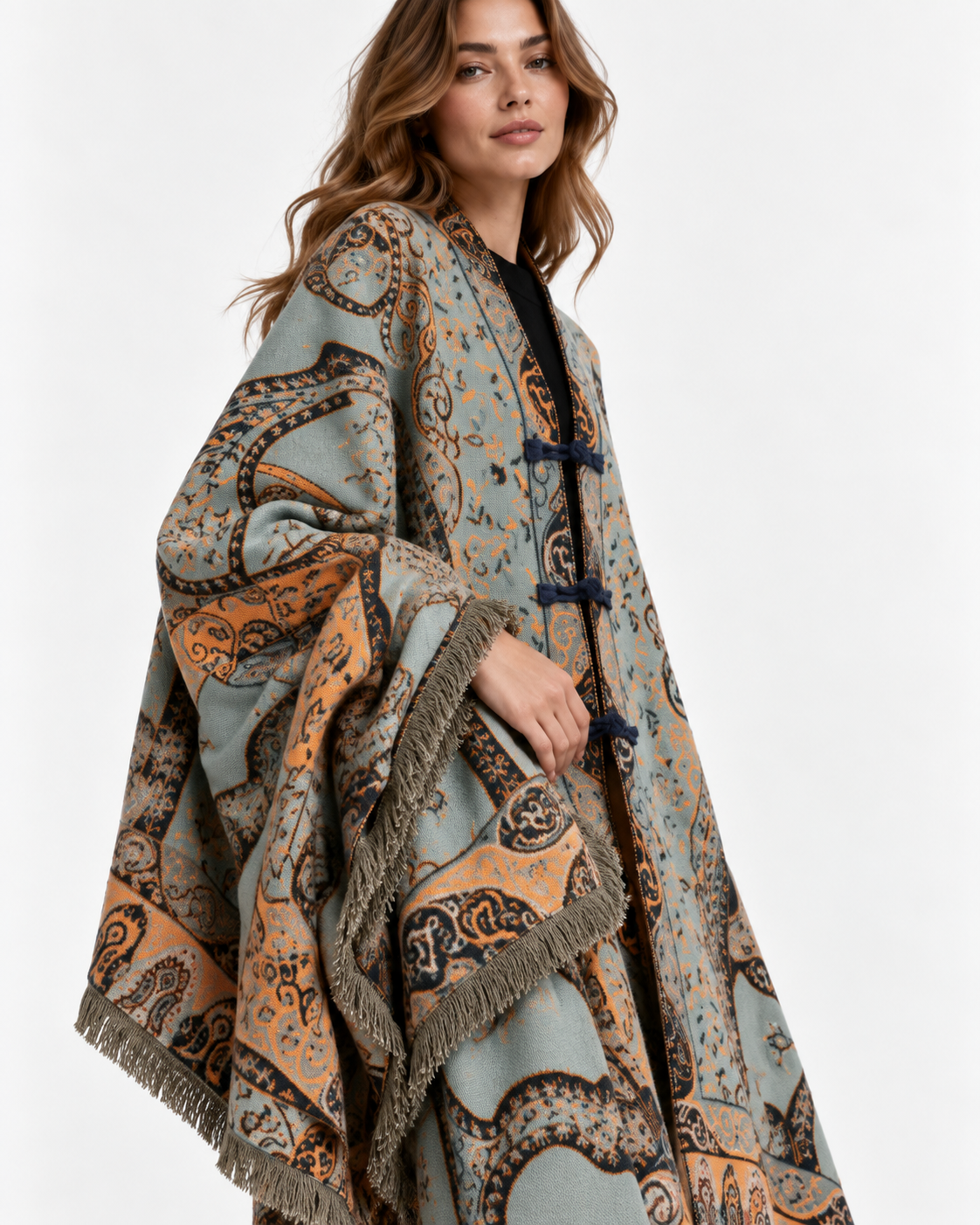 Paisley-Print Tassel Cape
