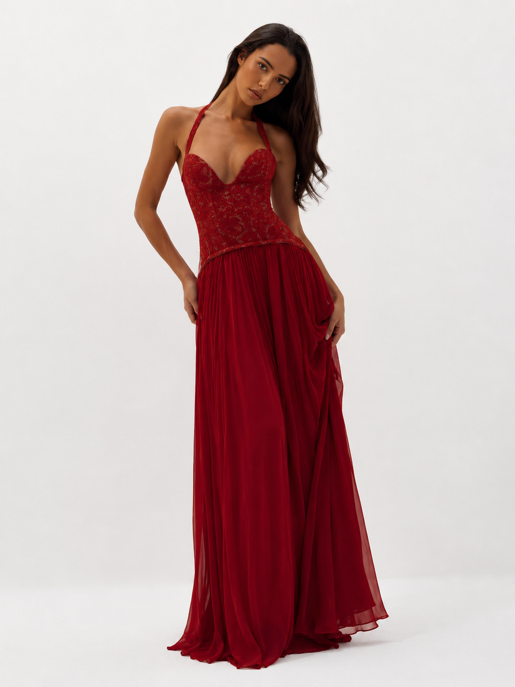 Pleated Corset Halter Maxi Dress