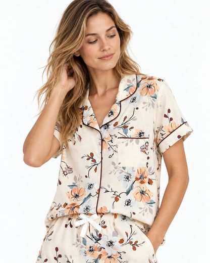 Floral Lapel Short Pyjama Set with Bow Shorts