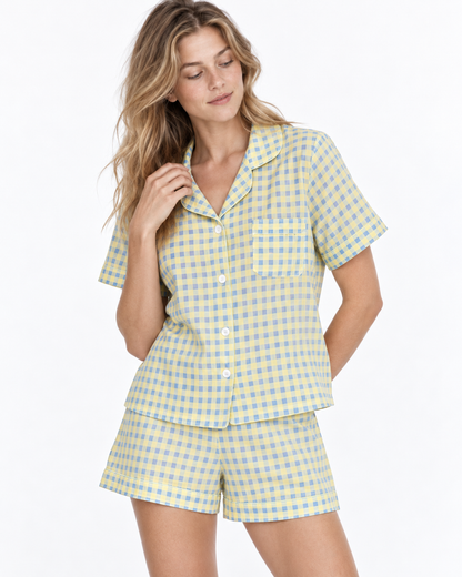 Check-Pattern Short Pyjama Set with Statement Collar