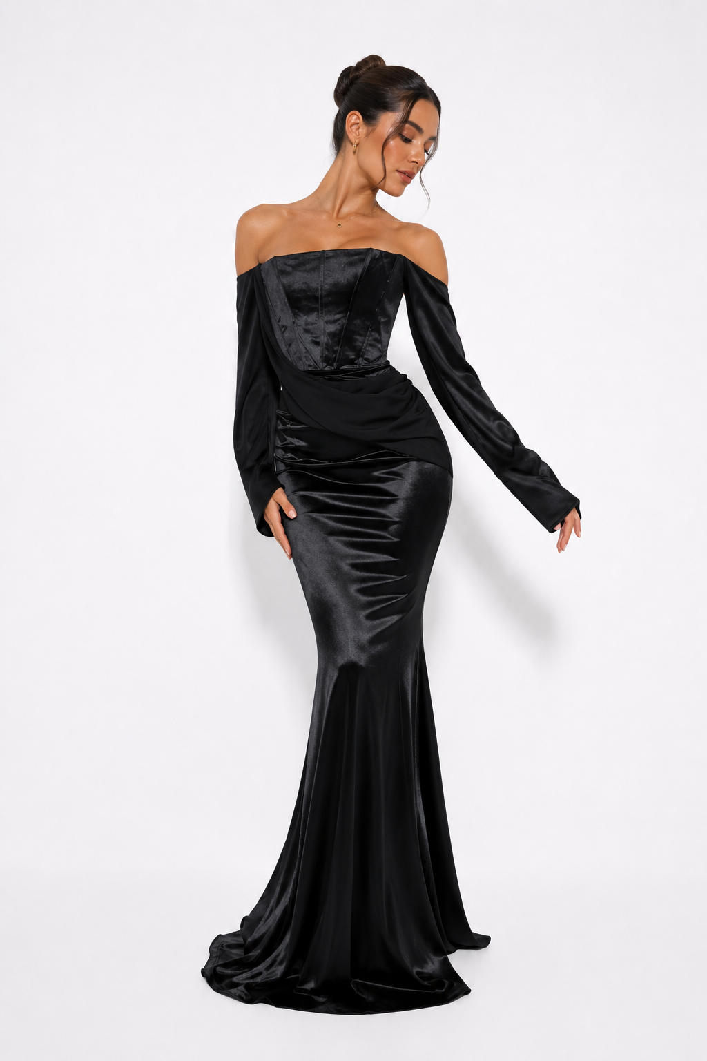 Off-Shoulder Satin-Effect Maxi Dress