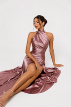 Satin-Effect Halter Split Maxi Dress