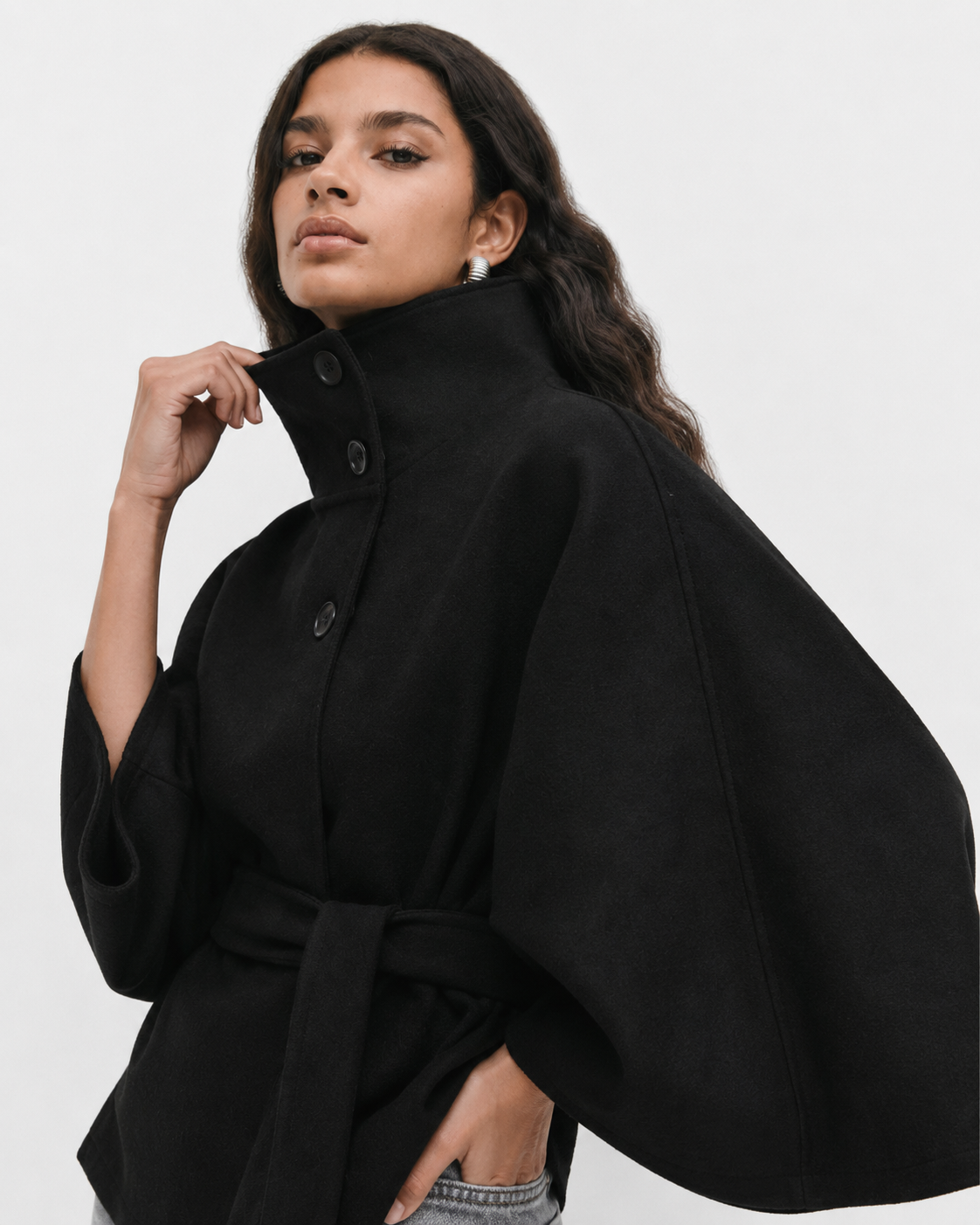 Cape-Sleeve Buttoned Coat