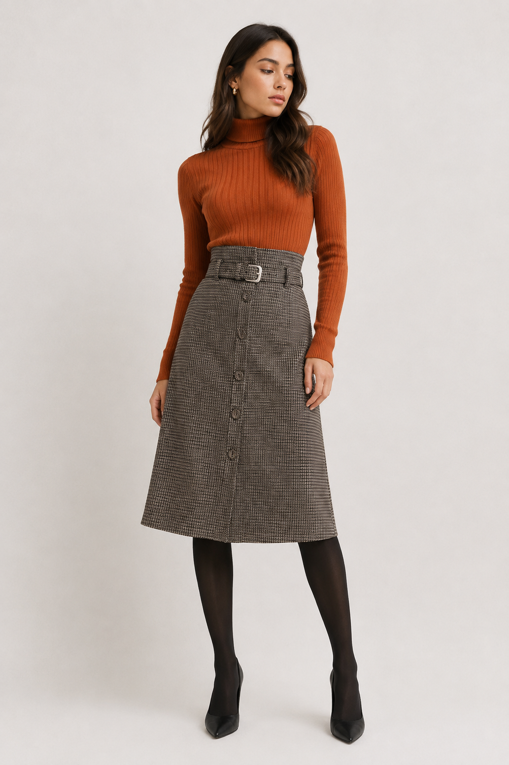 Belted Houndstooth A-Line Midi Skirt