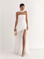 Asymmetric-Overlay Strapless Maxi Dress