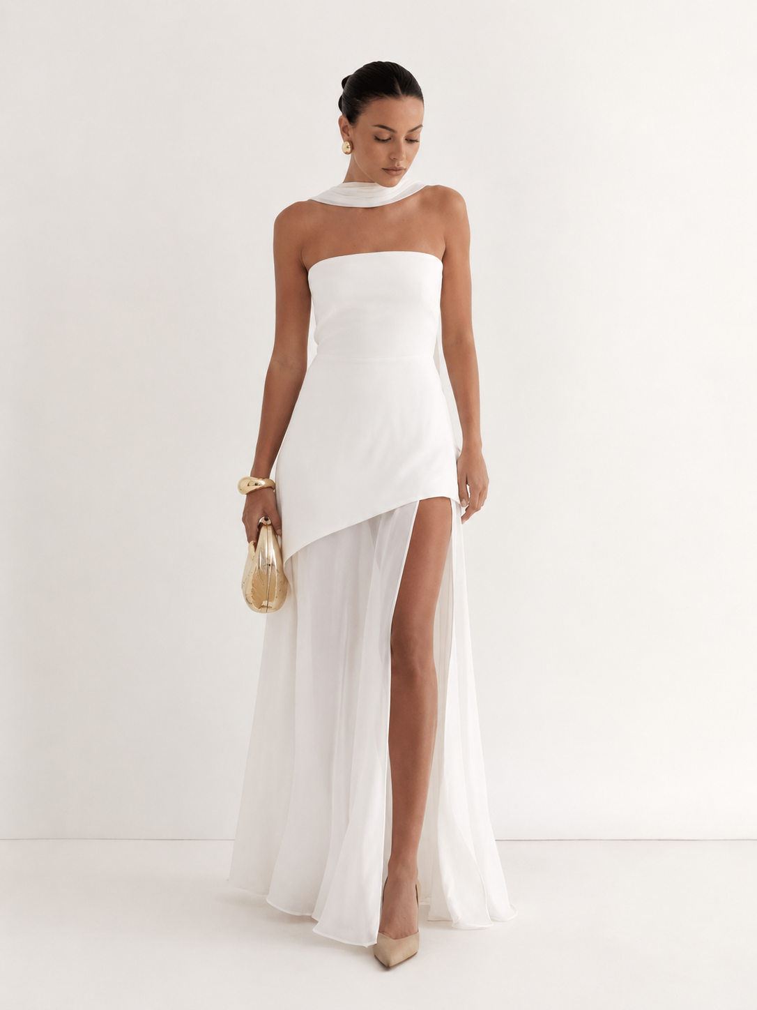 Asymmetric-Overlay Strapless Maxi Dress