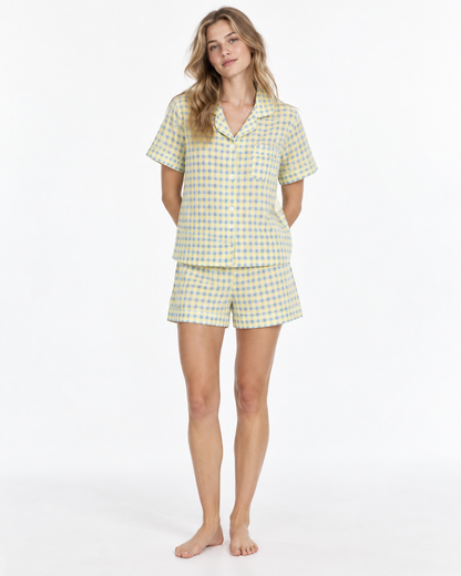 Check-Pattern Short Pyjama Set with Statement Collar
