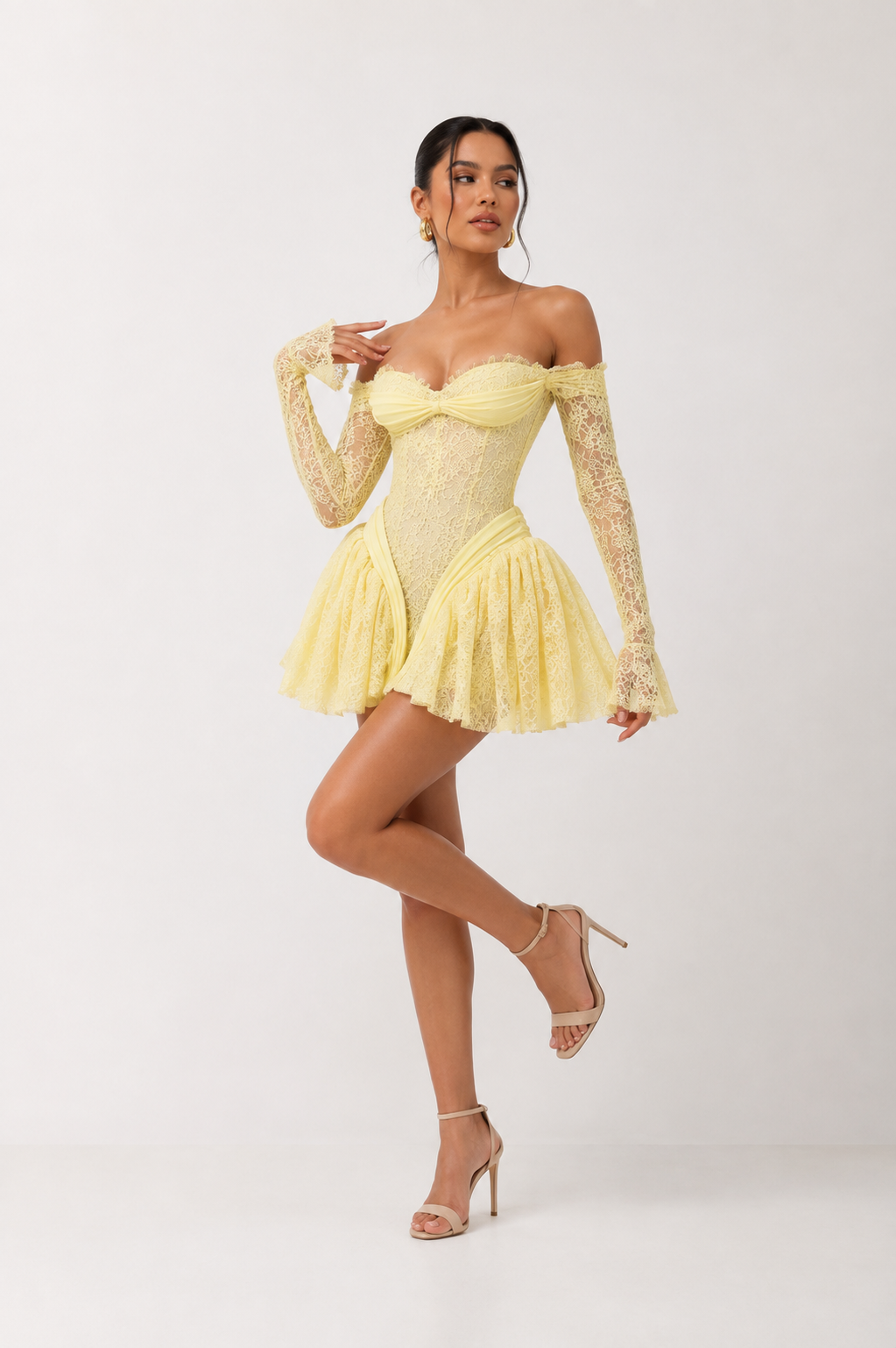 Asymmetric Lace-Sleeve Mini Dress