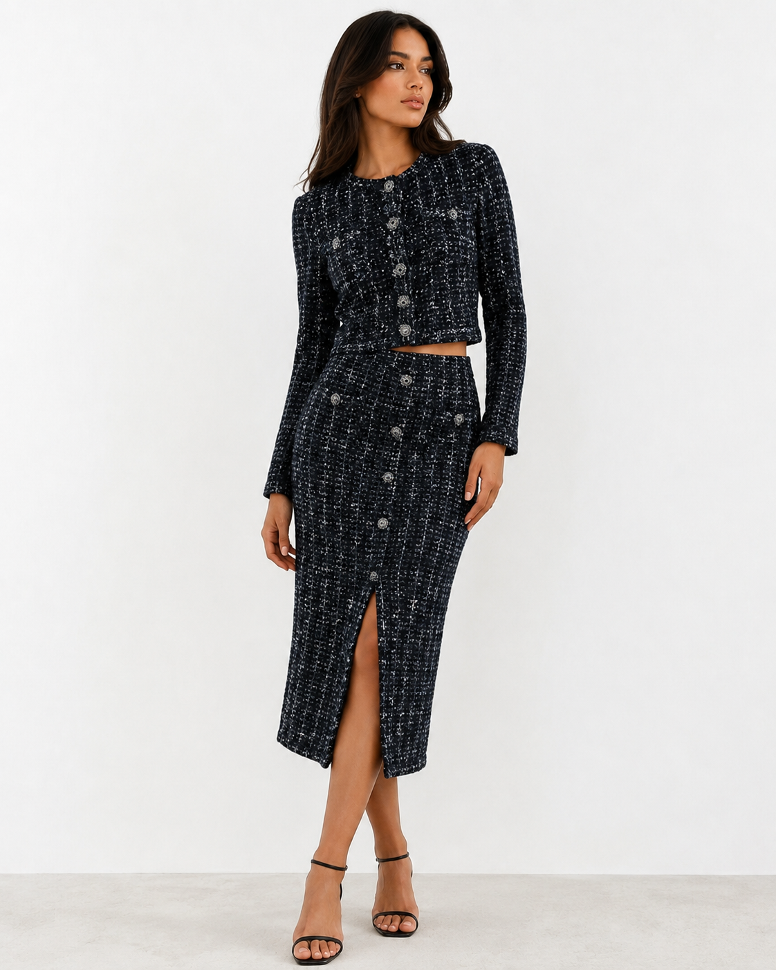 Bouclé Knit Cardigan & Midi Skirt Co-Ord Set