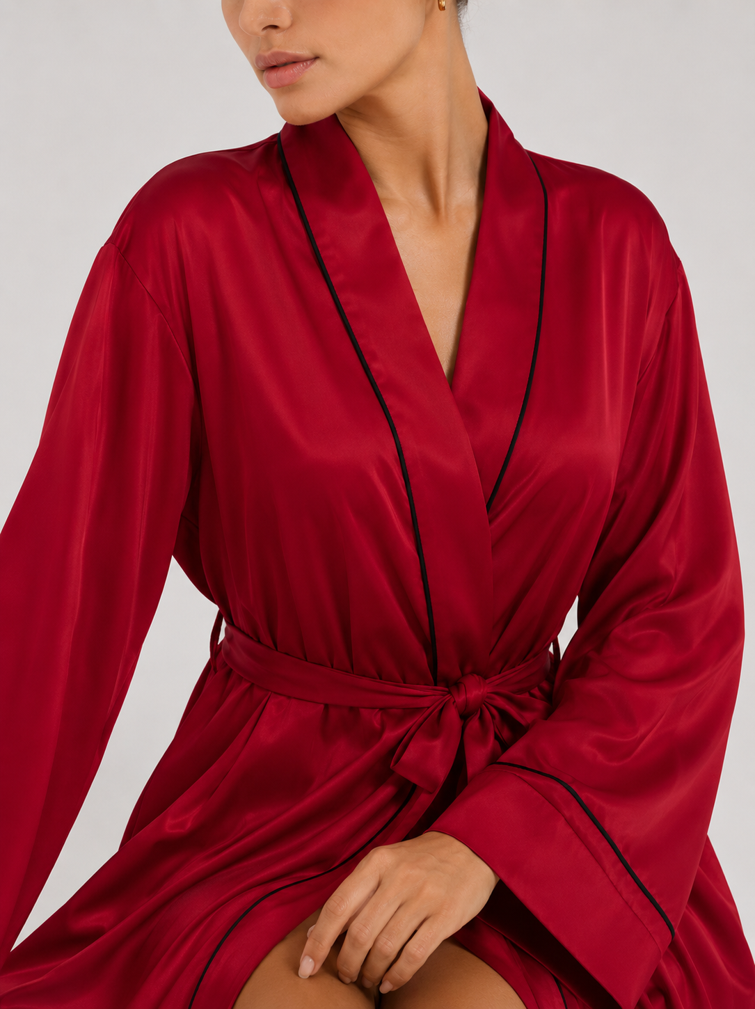 Contrast-Piped Open-Front Dressing Gown