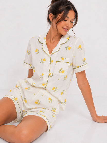 Textured Short Pyjama Set with Fine Piping