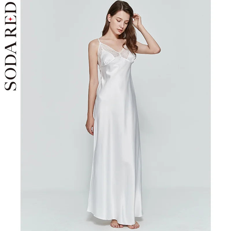 Satin-Finish Maxi Slip Dress with Floral Lace Trim