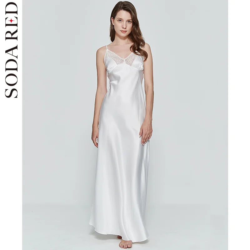 Satin-Finish Maxi Slip Dress with Floral Lace Trim