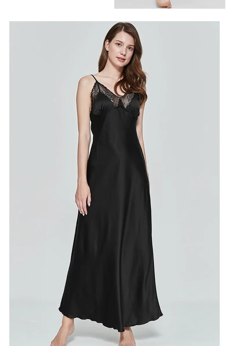 Satin-Finish Maxi Slip Dress with Floral Lace Trim