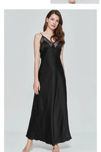 Satin-Finish Maxi Slip Dress with Floral Lace Trim