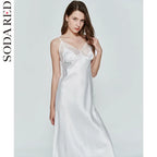 Satin-Finish Maxi Slip Dress with Floral Lace Trim