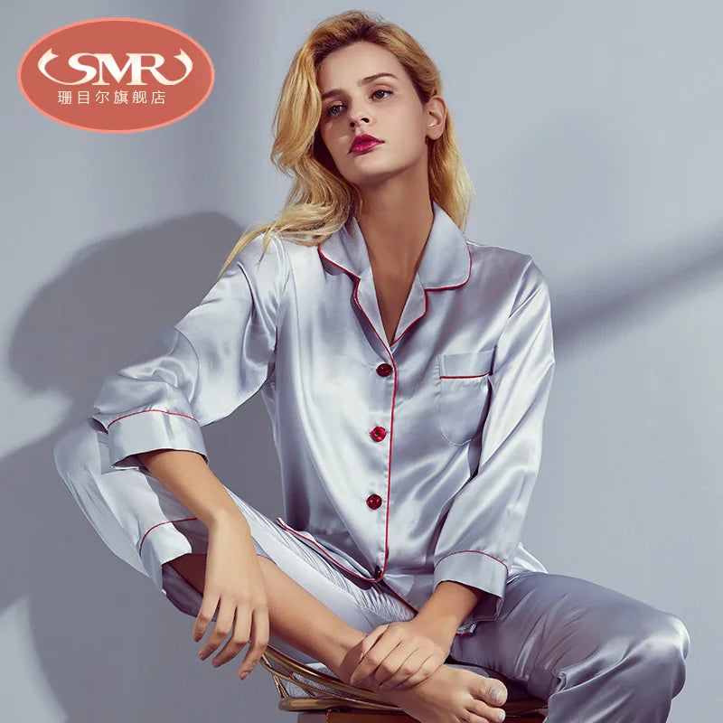 Satin-Finish Tailored Pyjama Set with Contrast Trim