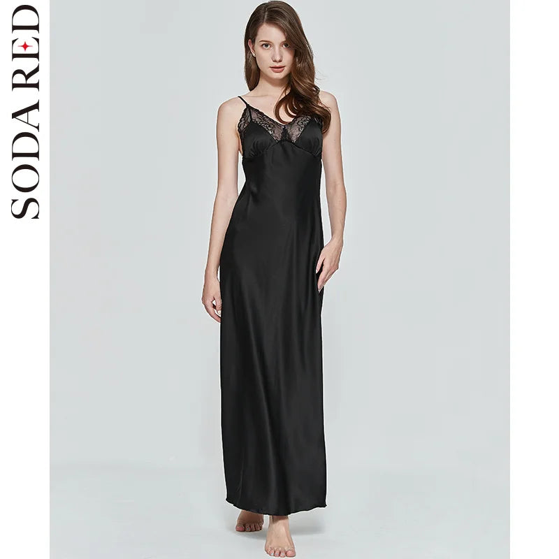 Satin-Finish Maxi Slip Dress with Floral Lace Trim