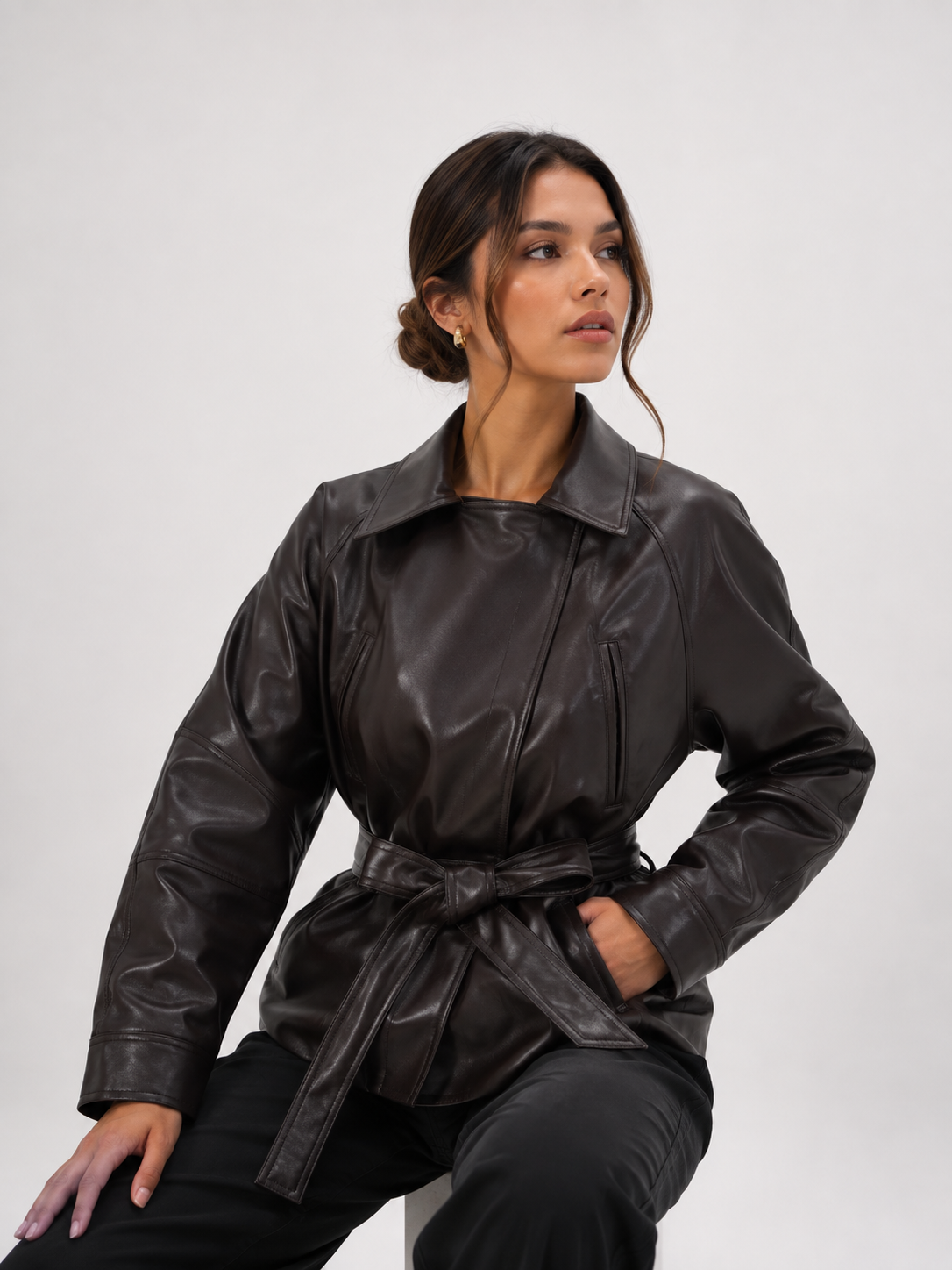 Belted Leather-Effect Trench Jacket