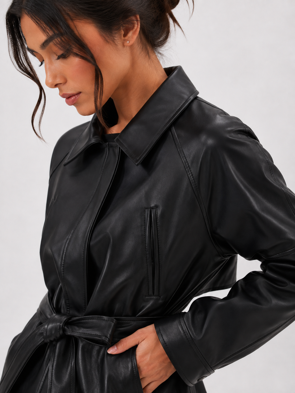 Belted Leather-Effect Trench Jacket