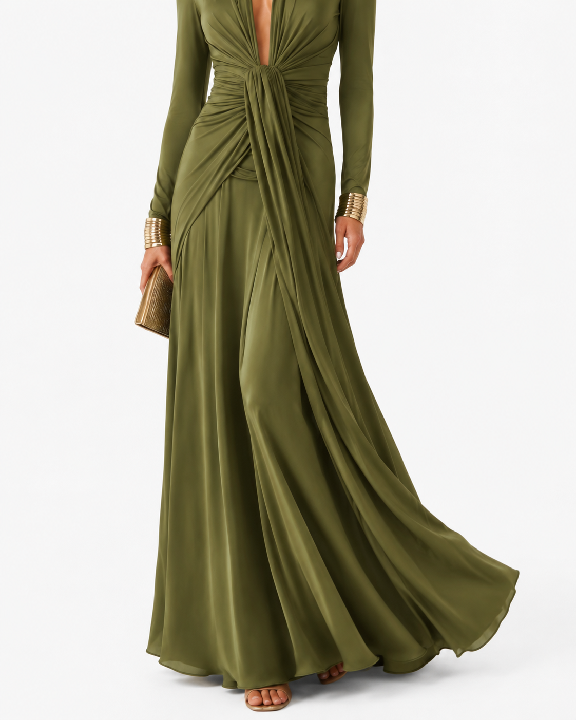 Twist-Waist V-Neck Maxi Dress