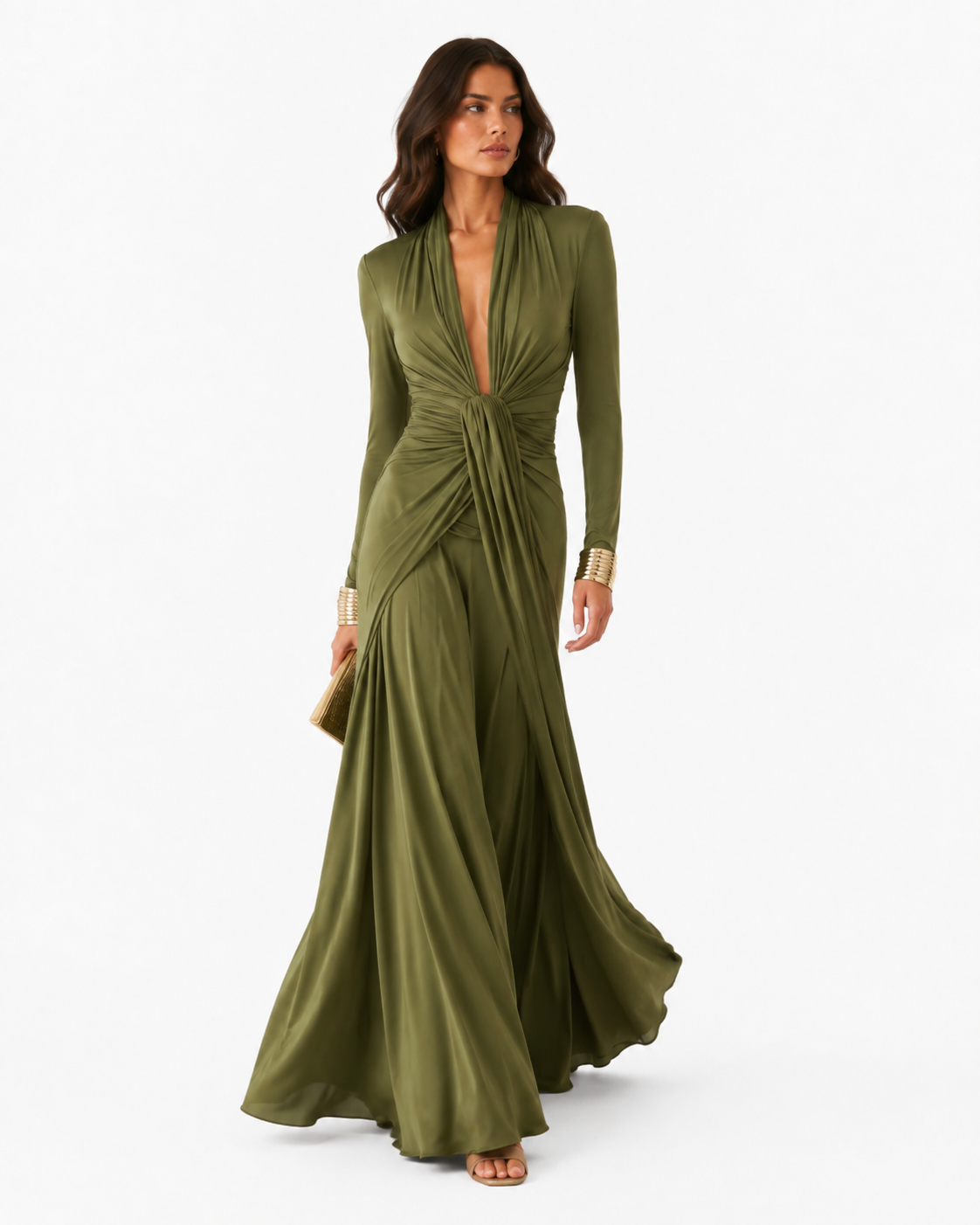 Twist-Waist V-Neck Maxi Dress