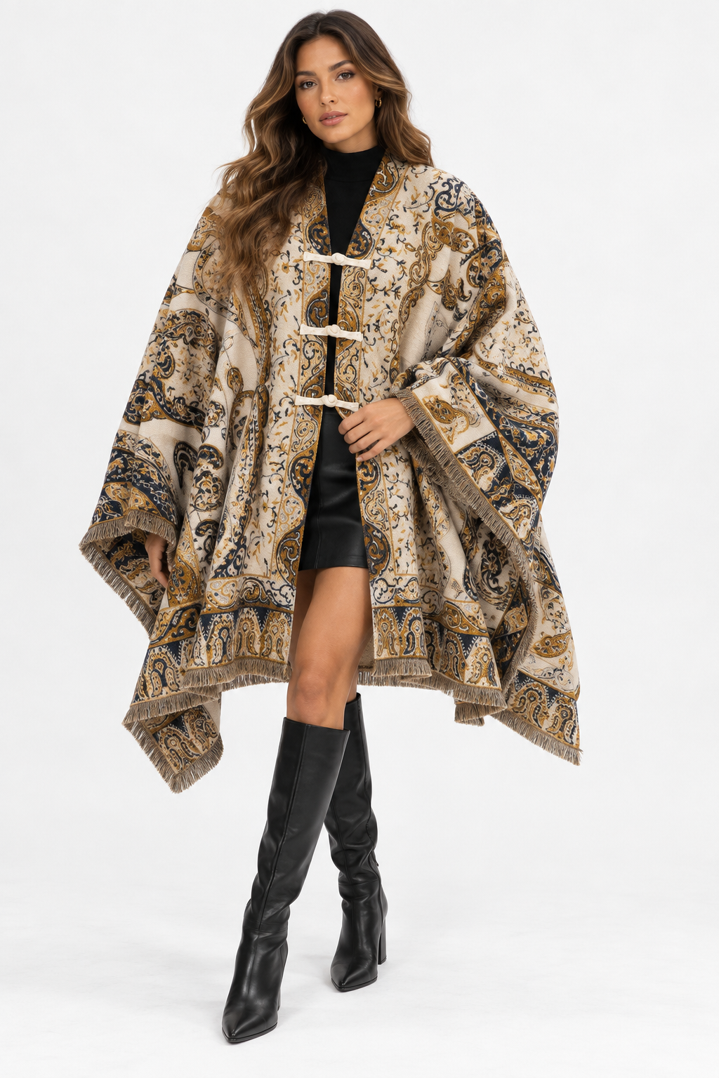 Paisley-Print Tassel Cape