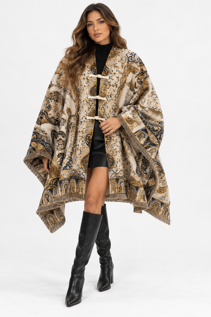 Paisley-Print Tassel Cape