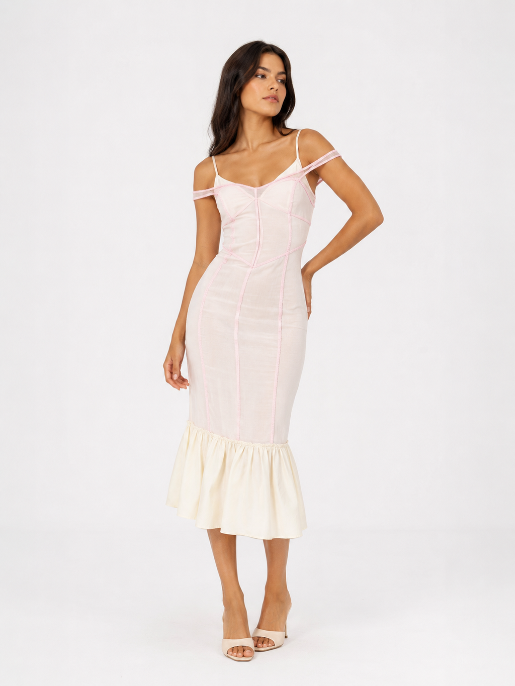 Contrast-Trim Corset Midi Dress with Lace Bust & Hem