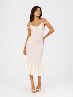 Contrast-Trim Corset Midi Dress with Lace Bust & Hem