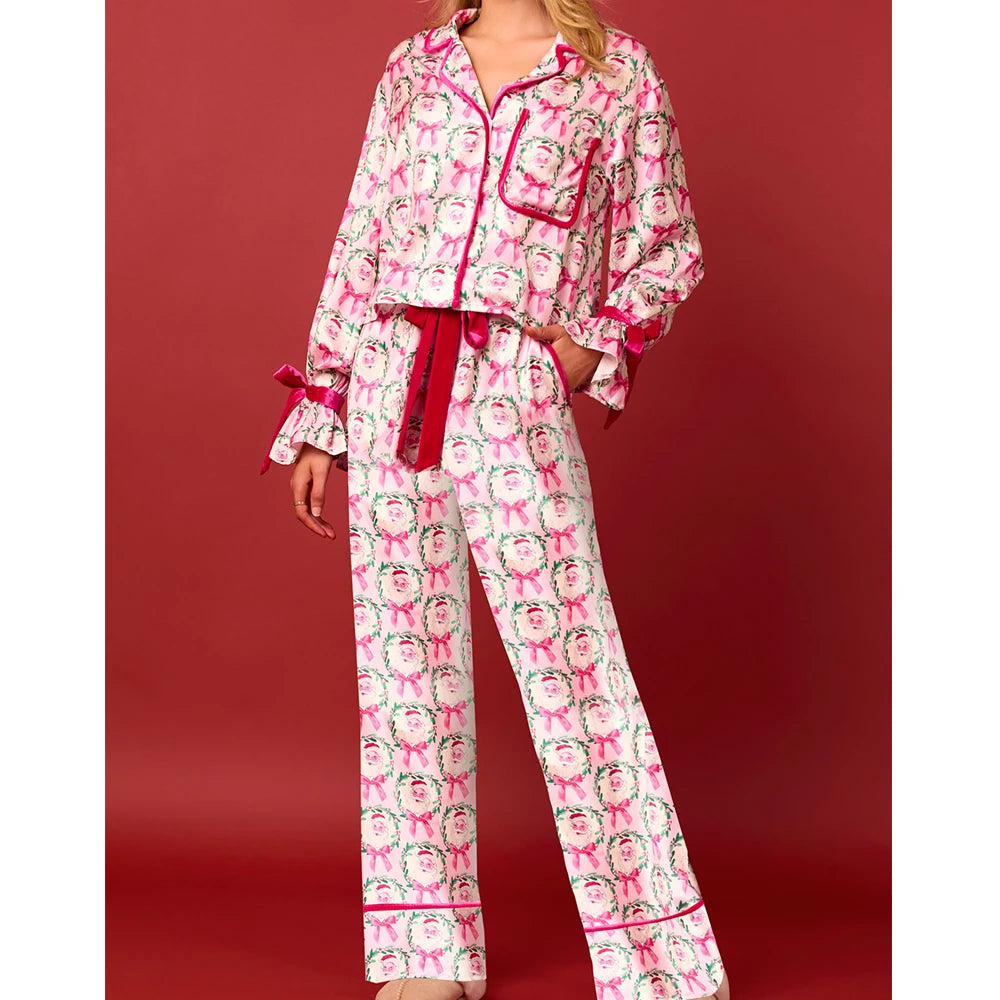 Satin-Finish Tailored Pyjama Set with Flounced Cuffs