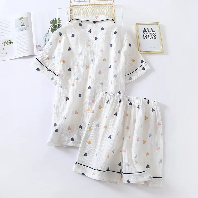 Crêpe-Textured Short Pyjama Set with Contrast Piping